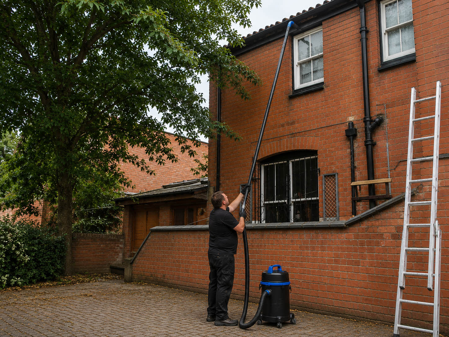 gutter cleaner raising nozzle up towards guttering of red brick home gutter cleaner raising nozzle up towards guttering of red brick home