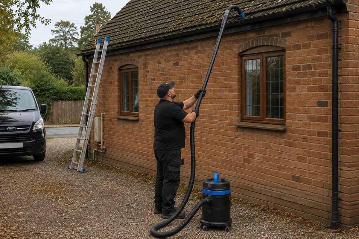 single story gutter cleaning in progress in country village single story gutter cleaning in progress in country village